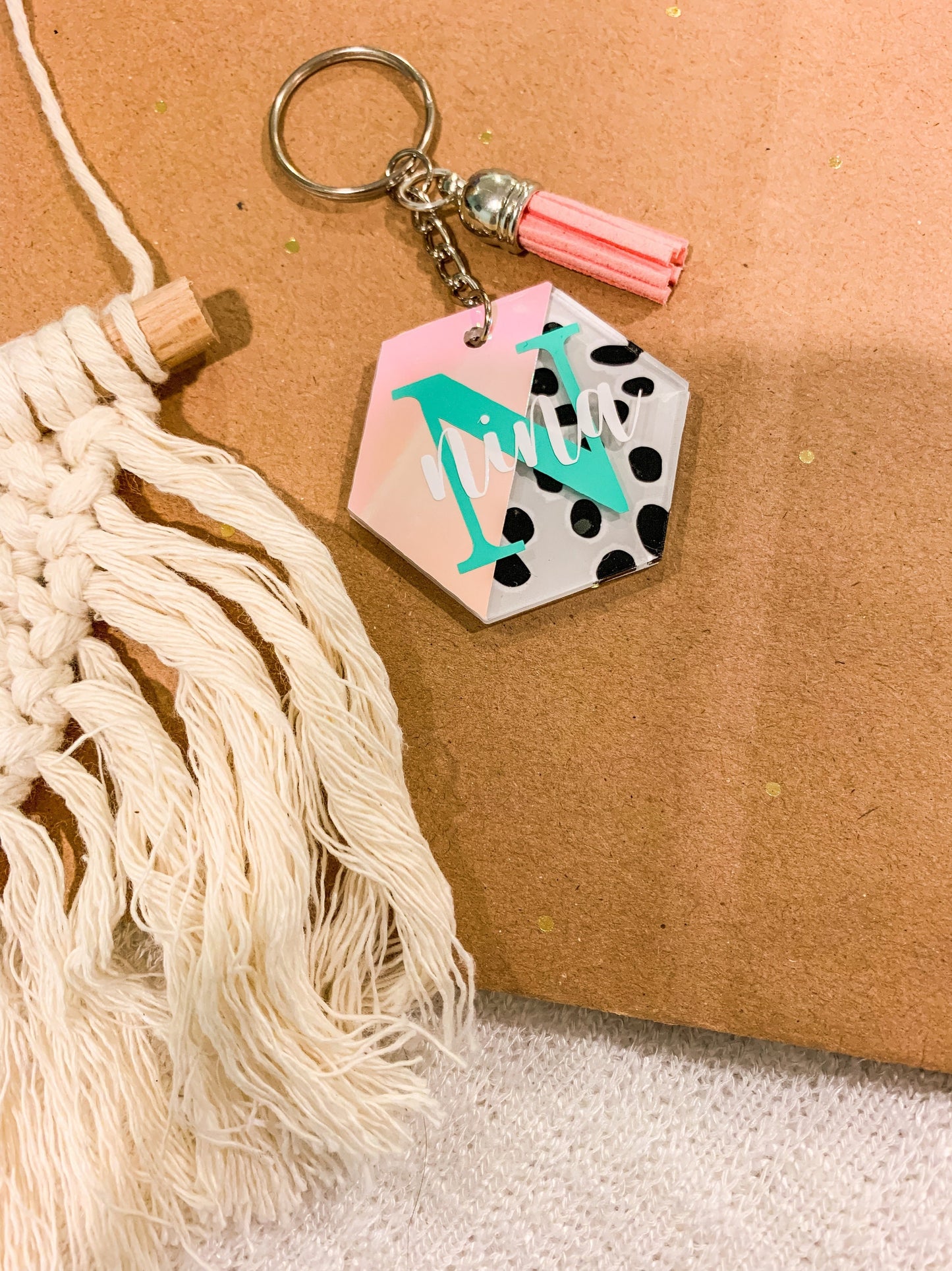 Modern Dot Personalized Acrylic Keychain, Custom Monogram Keychain, Initial Keyring, Bridesmaids Gift, Name Backpack Tag, Monogram Name Tag